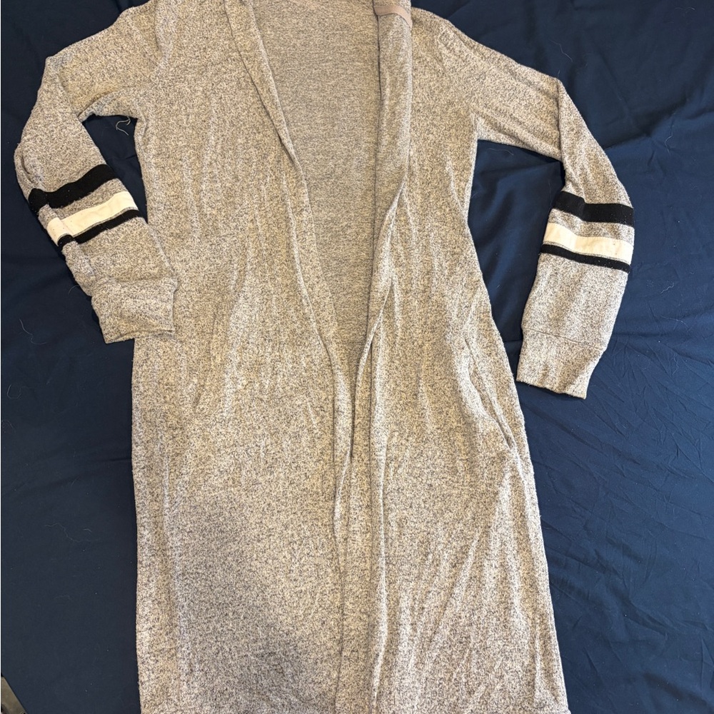 No Boundaries Gray Long Cardigan with Black and Cream Stripes